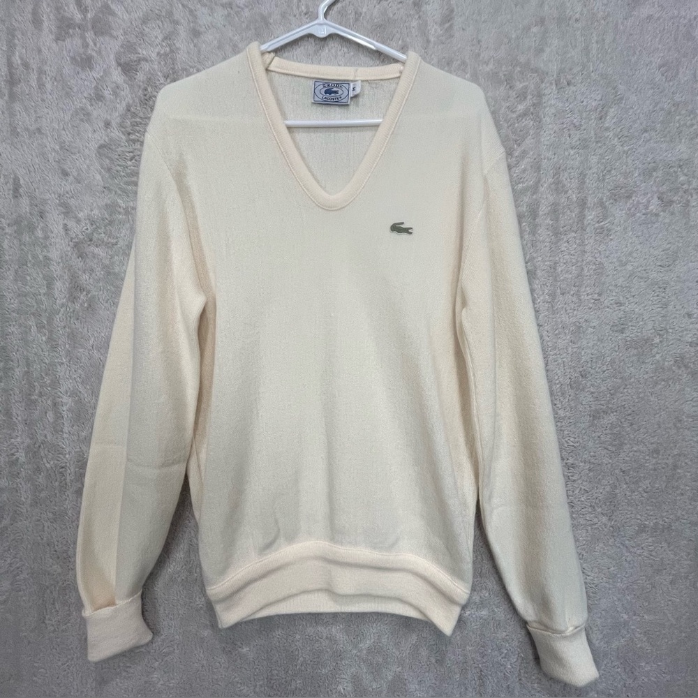 Vintage IZOD Lecoste Vanilla Sweater V-Neck Acrylic Alligator Sz Medium Prep USA